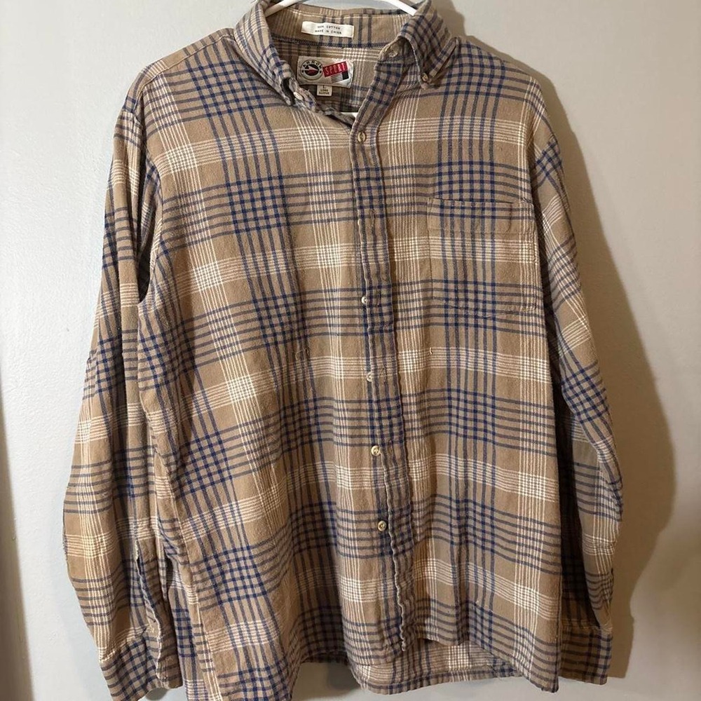 Vintage 90s Arrow Sport Plaid Flannel Shirt Beige Blue Button Down Large